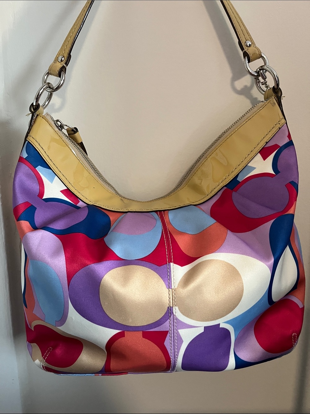 Coach Multicolor Circle-Print Hobo with Yellow Trim